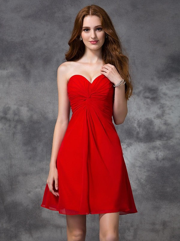 A-line/Princess Sweetheart Ruched Sleeveless Homecoming Dresses Short Chiffon Elaina Cocktail Dresses