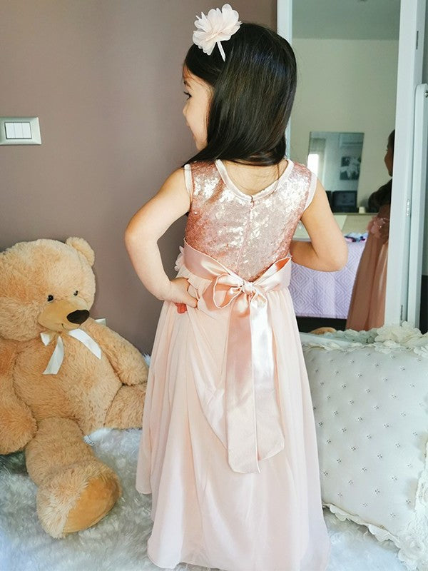 Scoop A-Line/Princess Sequin Sleeveless Chiffon Floor-Length Flower Girl Dresses