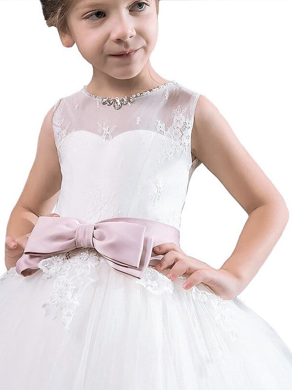 Scoop Sash/Ribbon/Belt Ball Gown Floor-Length Sleeveless Tulle Flower Girl Dresses