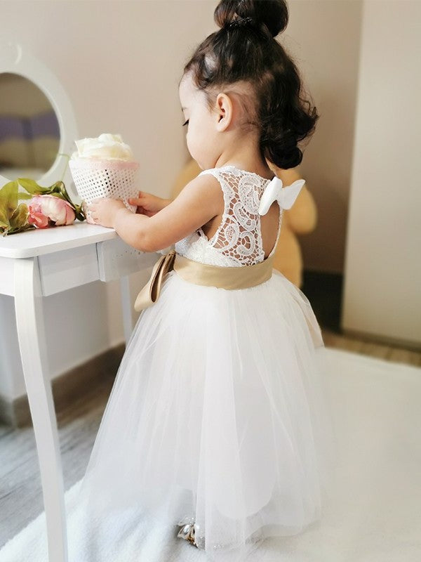 A-Line/Princess Sleeveless Scoop Tulle Knee-Length Sash/Ribbon/Belt Flower Girl Dresses