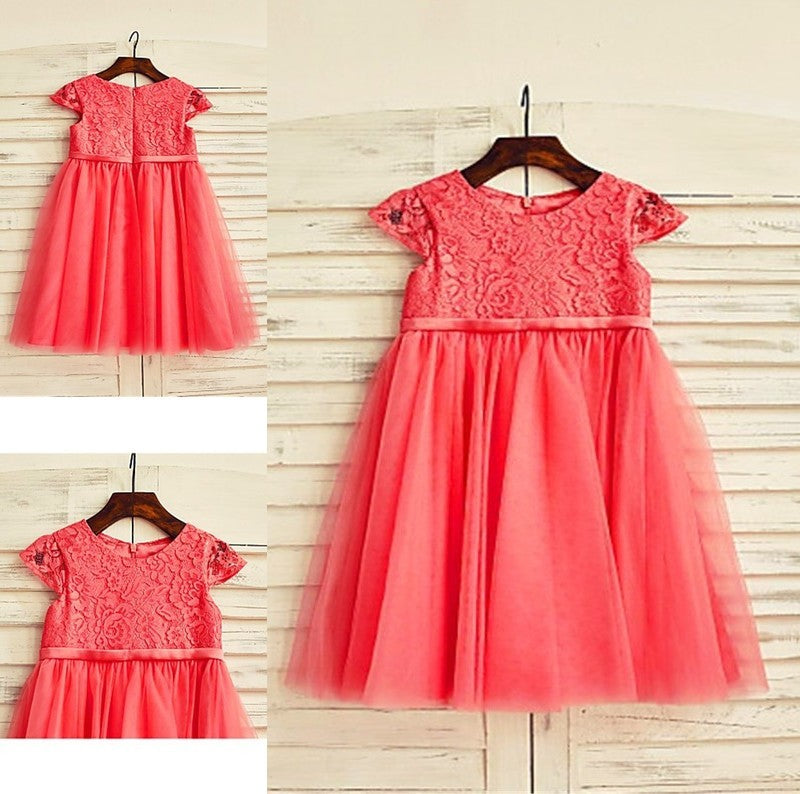 A-line/Princess Lace Scoop Tea-Length Tulle Short Sleeves Flower Girl Dresses