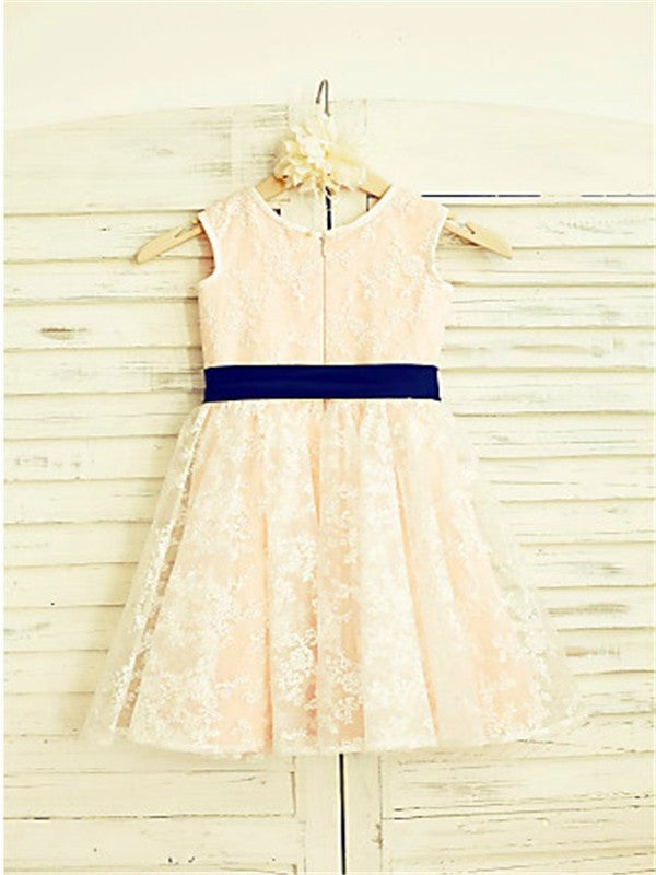 A-line/Princess Lace Bowknot Scoop Ankle-Length Sleeveless Flower Girl Dresses