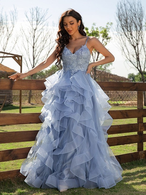 Tulle Applique A-Line/Princess V-neck Sleeveless Floor-Length Dresses