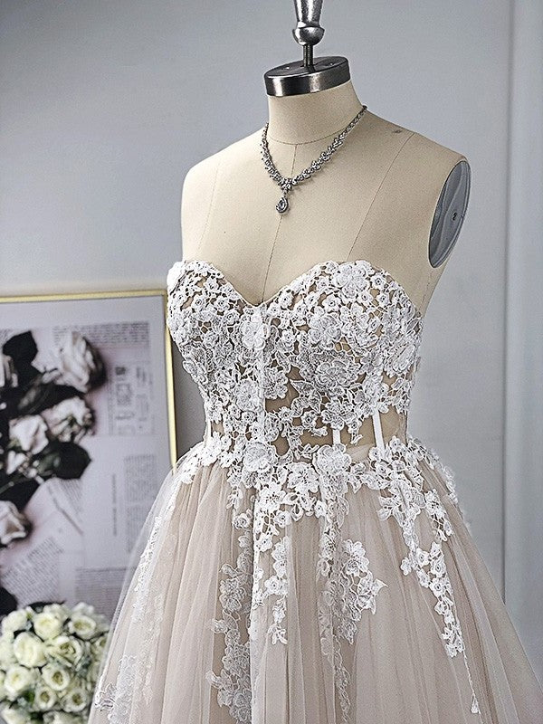 Sleeveless Tulle A-Line/Princess Sweetheart Sweep/Brush Applique Train Wedding Dresses