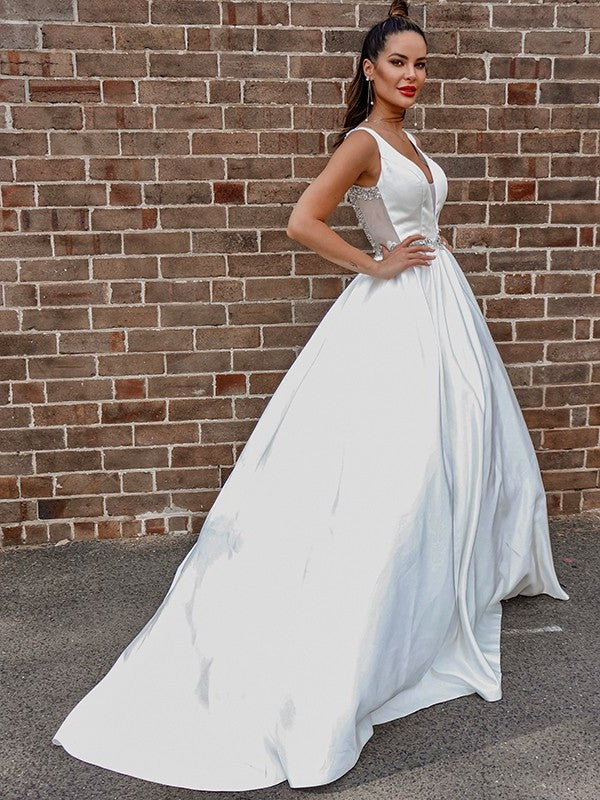 Sleeveless Court V-neck A-Line/Princess Satin Beading Train Wedding Dresses