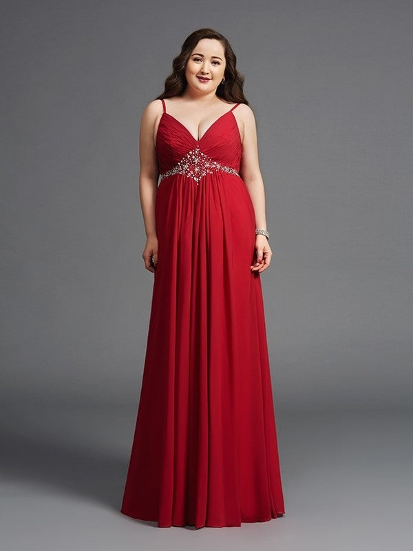 Straps Sleeveless Long Beading Chiffon Spaghetti A-Line/Princess Plus Size Dresses