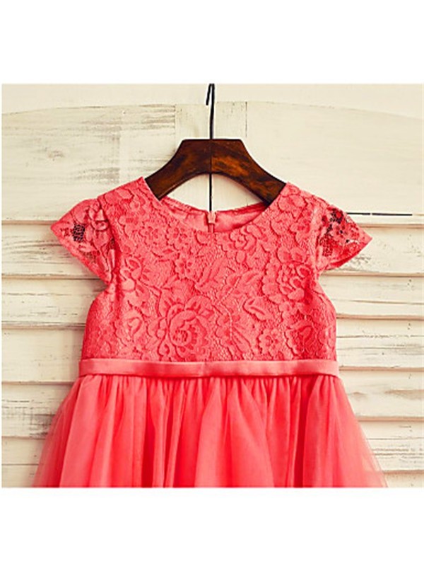 A-line/Princess Lace Scoop Tea-Length Tulle Short Sleeves Flower Girl Dresses