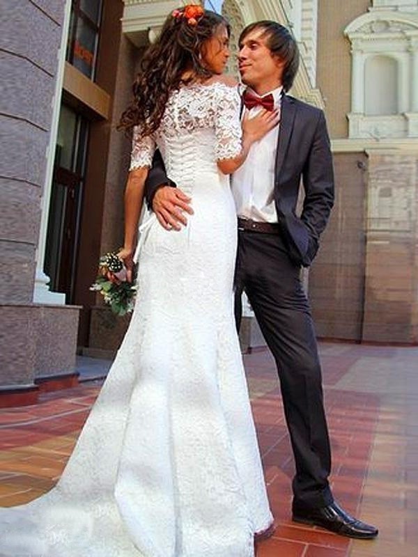 Sleeves Off-the-Shoulder 1/2 Lace Trumpet/Mermaid Sweep/Brush Train Wedding Dresses