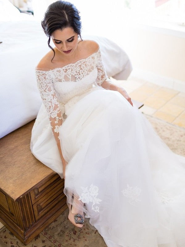 Lace Sleeves Long Tulle A-Line/Princess Off-the-Shoulder Sweep/Brush Train Wedding Dresses