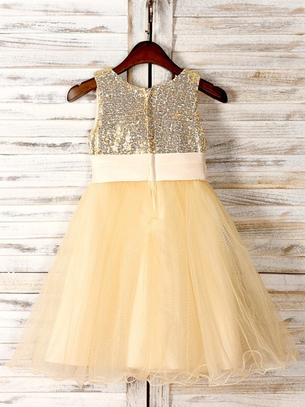 Flower Tulle Sleeveless Hand-Made Scoop A-Line/Princess Tea-Length Flower Girl Dresses