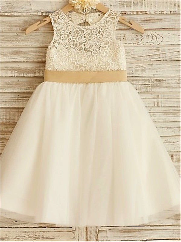 Bowknot Tulle Sleeveless A-line/Princess Scoop Knee-Length Flower Girl Dresses