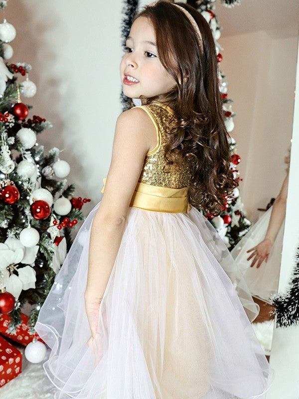 Organza A-Line/Princess Sleeveless Tea-Length Scoop Sequin Flower Girl Dresses