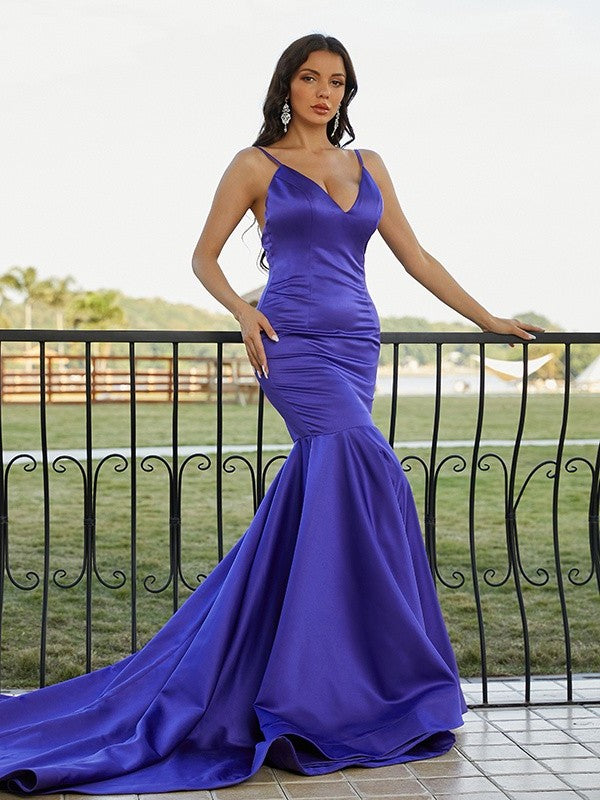 Satin Trumpet/Mermaid Ruffles Sleeveless V-neck Sweep/Brush Train Dresses