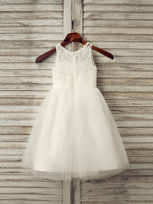 A-Line/Princess Scoop Tulle Sleeveless Lace Tea-Length Flower Girl Dresses