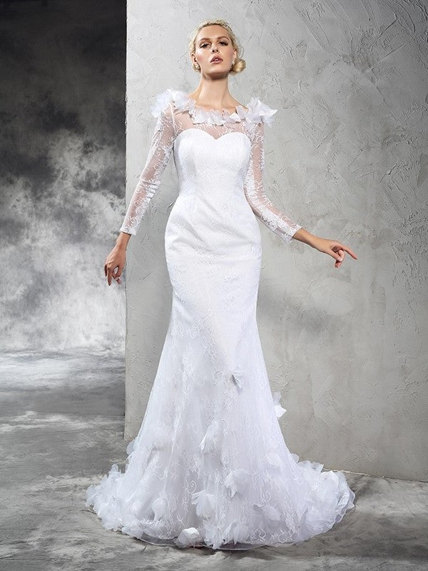 Hand-Made Long Long Sheer Neck Flower Sleeves Sheath/Column Satin Wedding Dresses