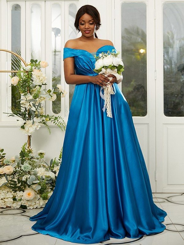 Sleeveless A-Line/Princess Ruffles Silk Off-the-Shoulder Satin Sweep/Brush like Train Bridesmaid Dresses