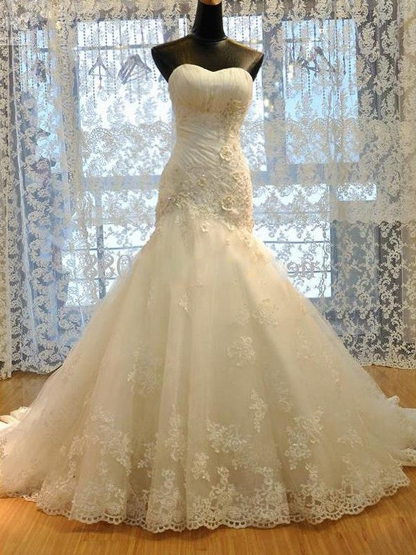 Trumpet/Mermaid Court Tulle Sleeveless Applique Sweetheart Train Wedding Dresses