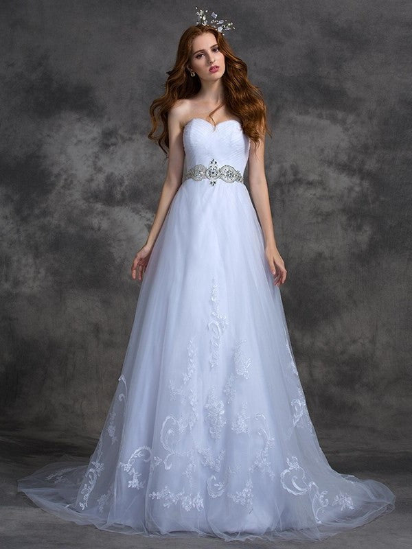 Beading A-line/Princess Long Sleeveless Sweetheart Satin Wedding Dresses