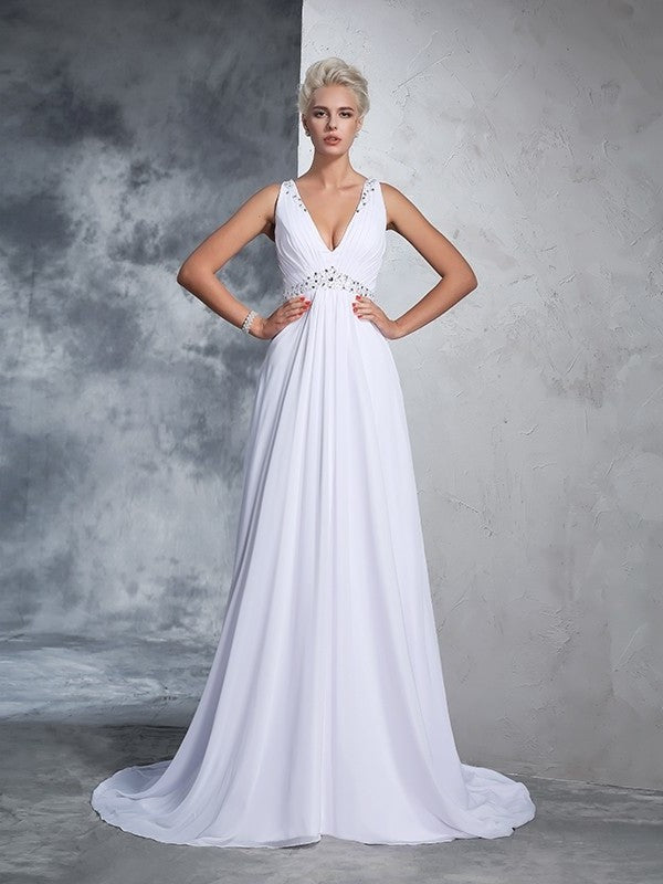 Long A-Line/Princess Sleeveless V-neck Beading Chiffon Wedding Dresses