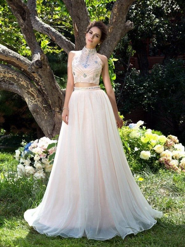 Neck Net A-Line/Princess High Beading Sleeveless Long Two Piece Dresses