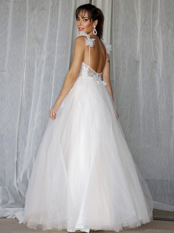 Beading A-Line/Princess Sleeveless Tulle V-neck Floor-Length Wedding Dresses