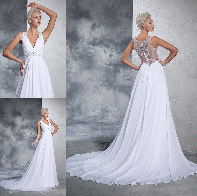 Long A-Line/Princess Sleeveless V-neck Beading Chiffon Wedding Dresses