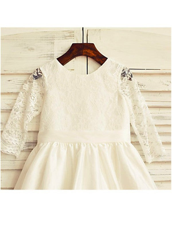 Lace Sleeves A-line/Princess Long Tea-Length Jewel Satin Flower Girl Dresses