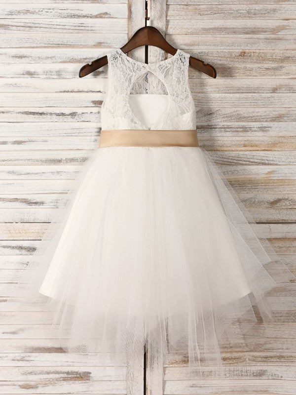 Scoop A-Line/Princess Tea-Length Sleeveless Tulle Sash/Ribbon/Belt Flower Girl Dresses