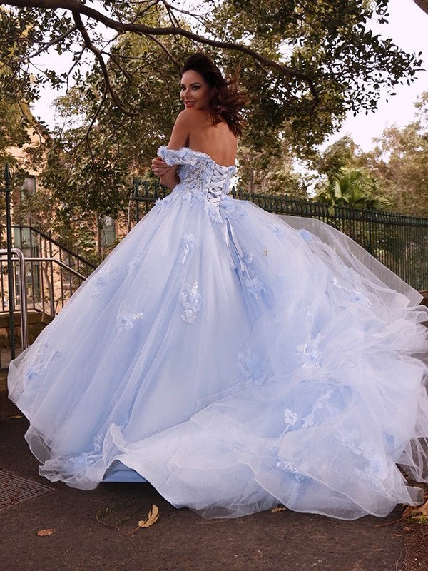 Ball Gown Sleeveless Off-the-Shoulder Applique Tulle Sweep/Brush Train Dresses