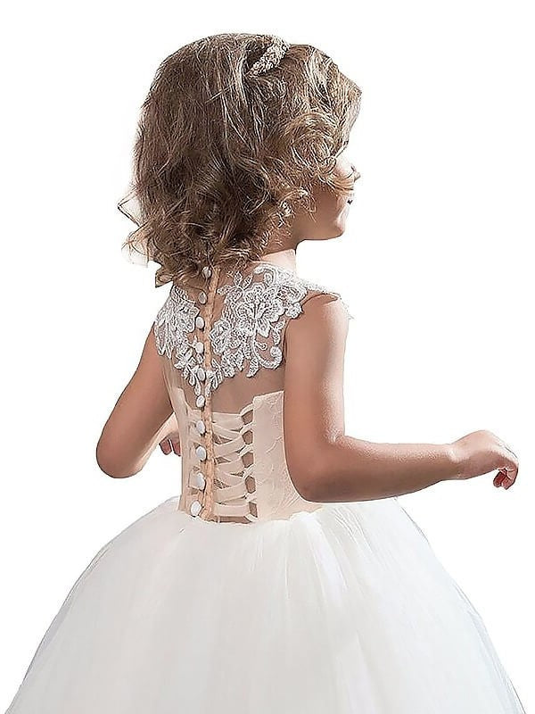 Applique Scoop Ball Floor-Length Gown Tulle Sleeveless Flower Girl Dresses