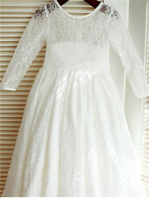 Sleeves Scoop Long Bowknot Lace A-line/Princess Ankle-Length Flower Girl Dresses