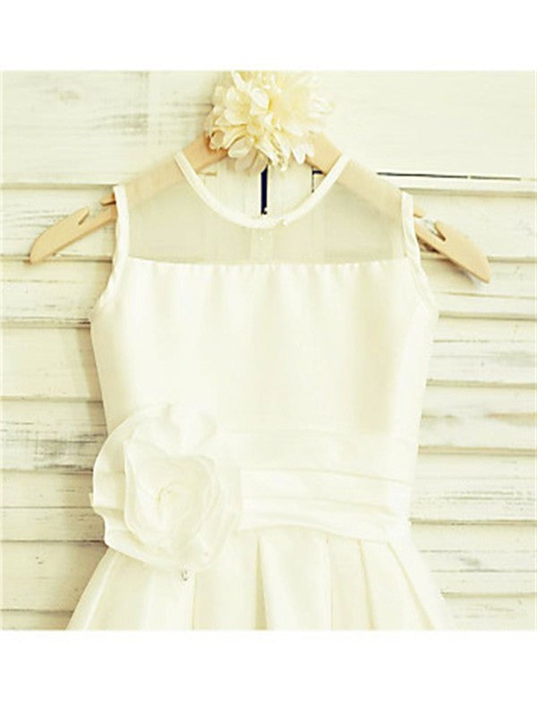 Flower A-line/Princess Hand-made Chiffon Scoop Tea-Length Sleeveless Flower Girl Dresses