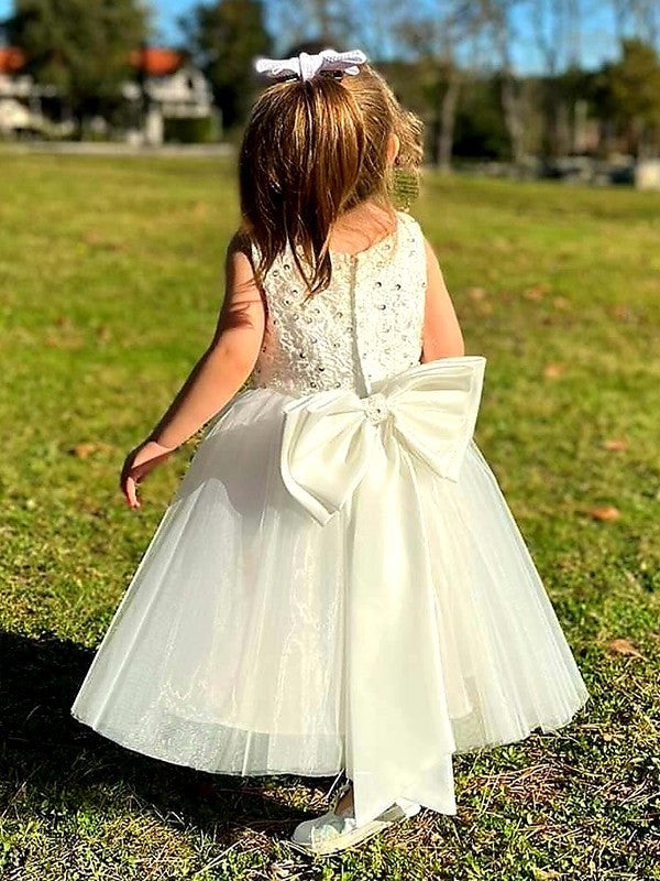 Sleeveless Bowknot Tulle Ankle-Length A-Line/Princess Scoop Flower Girl Dresses