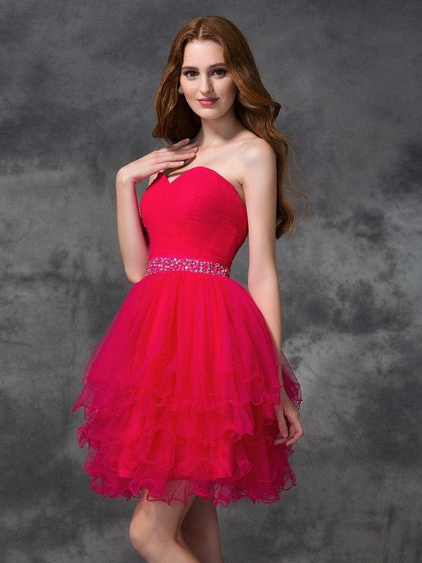 A-line/Princess Sweetheart Irene Beading Sleeveless Short Satin Homecoming Dresses Cocktail Dresses