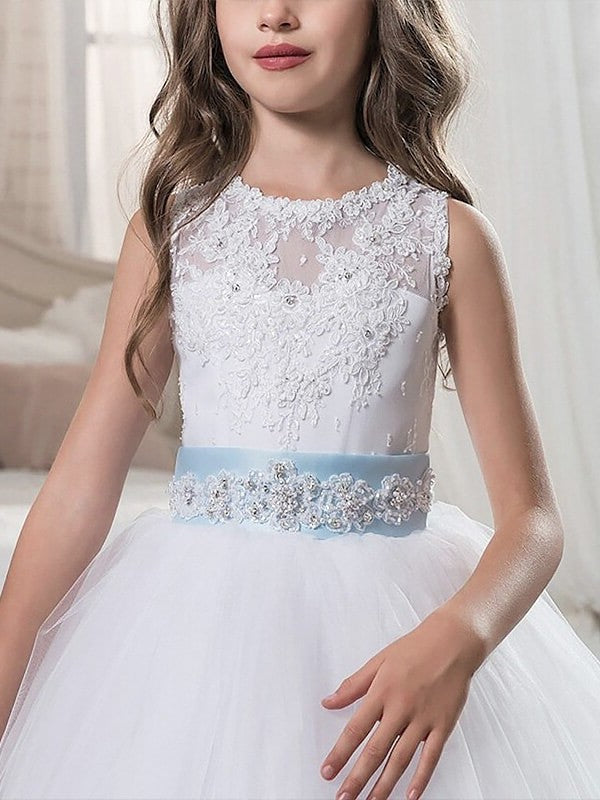 Ball Scoop Sleeveless Floor-Length Gown Tulle Applique Flower Girl Dresses