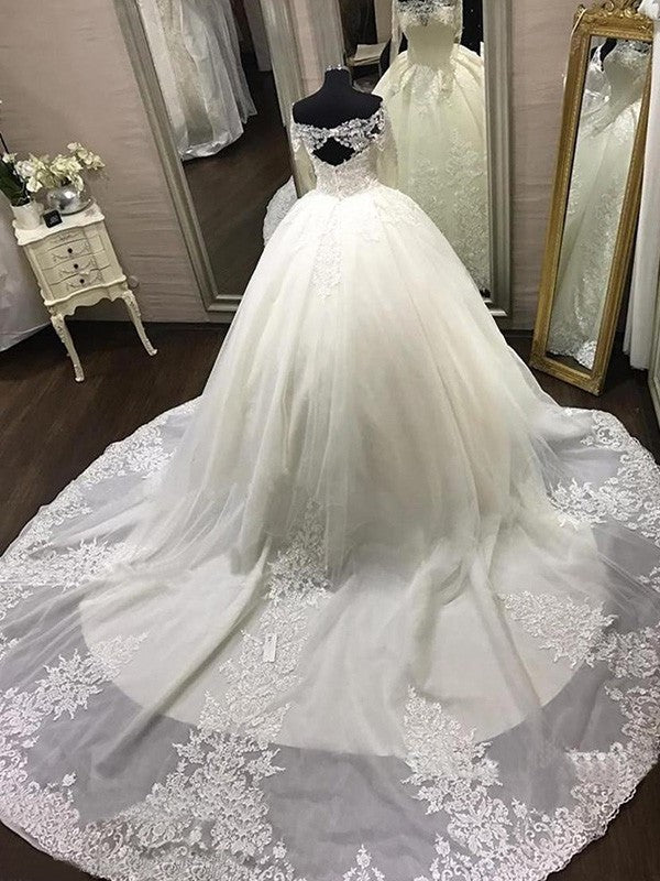 Long Off-the-Shoulder Applique Gown Ball Sleeves Cathedral Train Tulle Wedding Dresses