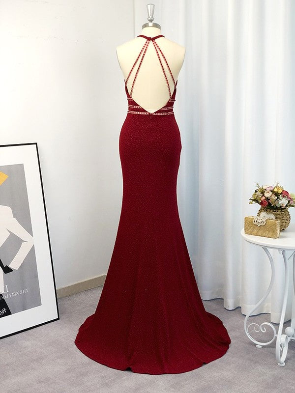 Sweep/Brush Sleeveless Sheath/Column Halter Train Beading Dresses