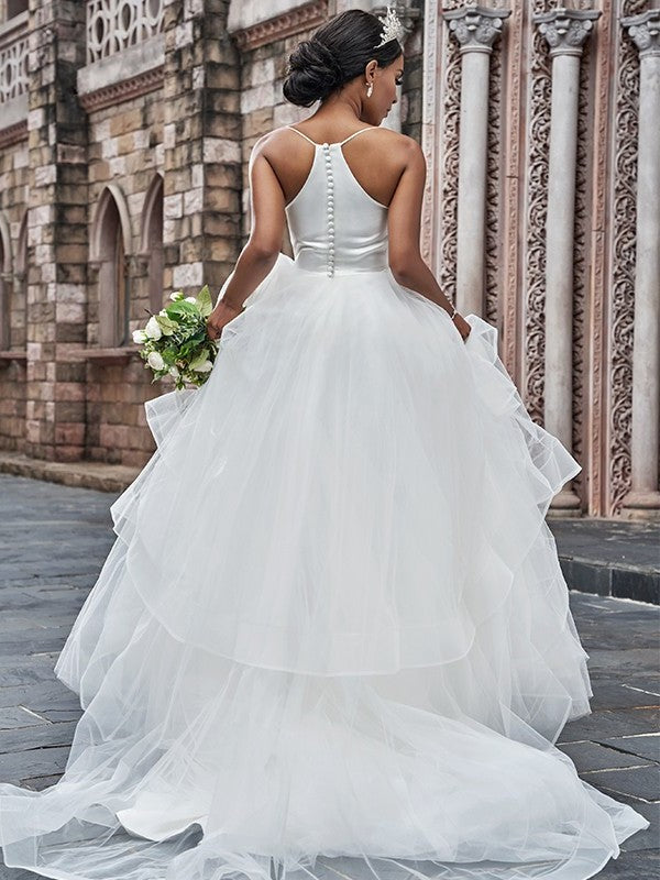 Ruffles Sweep/Brush Spaghetti Straps Sleeveless A-Line/Princess Tulle Train Wedding Dresses