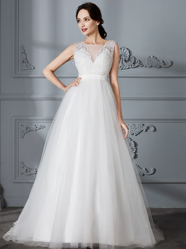 A-Line/Princess Train V-neck Sleeveless Sweep/Brush Tulle Wedding Dresses