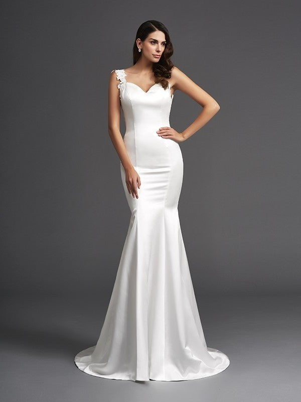 Long Straps Beading Trumpet/Mermaid Sleeveless Satin Wedding Dresses