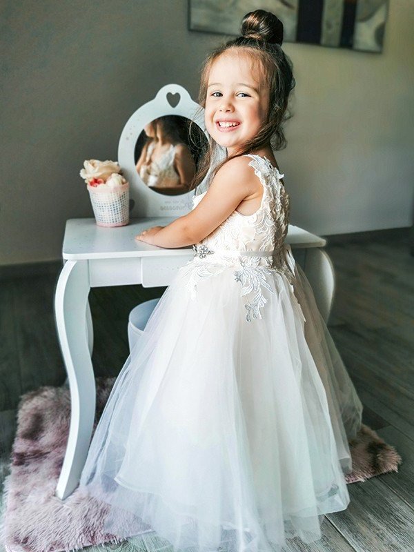 Sleeveless V-neck A-Line/Princess Tulle Ankle-Length Lace Flower Girl Dresses