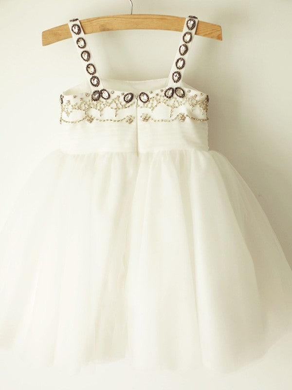 A-Line/Princess Sleeveless Tulle Straps Beading Knee-Length Flower Girl Dresses