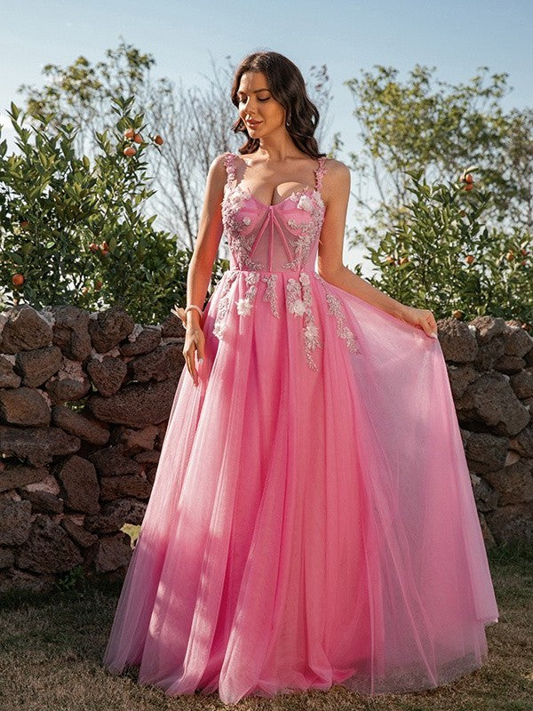 Tulle A-Line/Princess Applique Straps Sleeveless Floor-Length Dresses