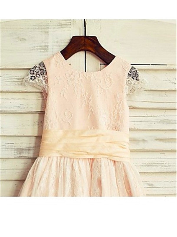 Short Scoop A-line/Princess Tea-Length Lace Sash/Ribbon/Belt Sleeves Flower Girl Dresses