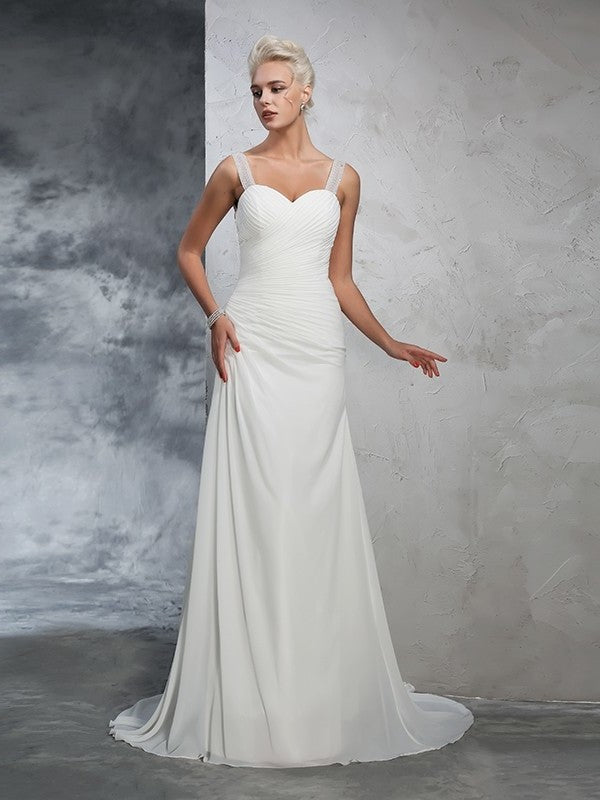 Trumpet/Mermaid Straps Sleeveless Ruched Long Chiffon Wedding Dresses