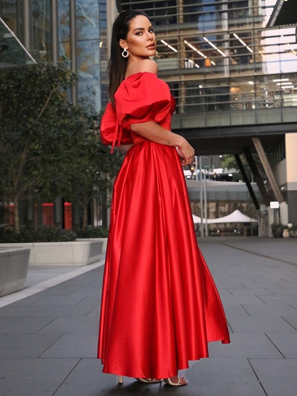 A-Line/Princess 1/2 Satin Off-the-Shoulder Ruffles Sleeves Ankle-Length Dresses