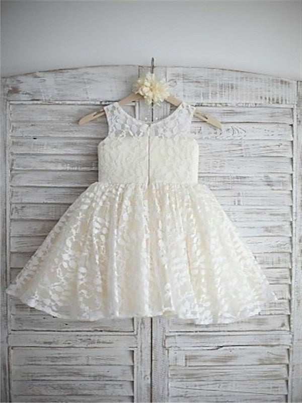 Tea-Length Lace Flower Hand-made A-line/Princess Scoop Sleeveless Flower Girl Dresses