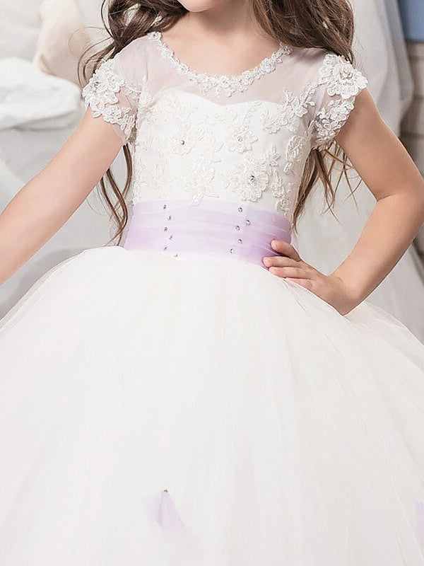 Ball Tulle Short Jewel Sleeves Sash/Ribbon/Belt Gown Floor-Length Flower Girl Dresses