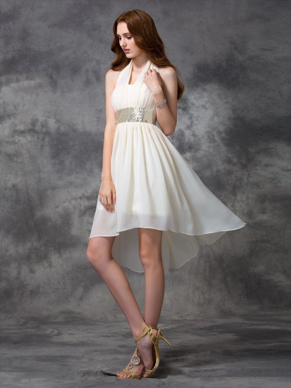 A-line/Princess Halter Sequin Sleeveless High Low Chiffon Cocktail Skye Homecoming Dresses Dresses