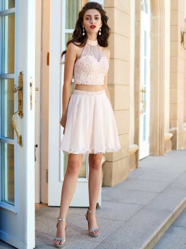 Sleeveless Beading Short/Mini Chiffon A-Line/Princess Halter Two Piece Dresses